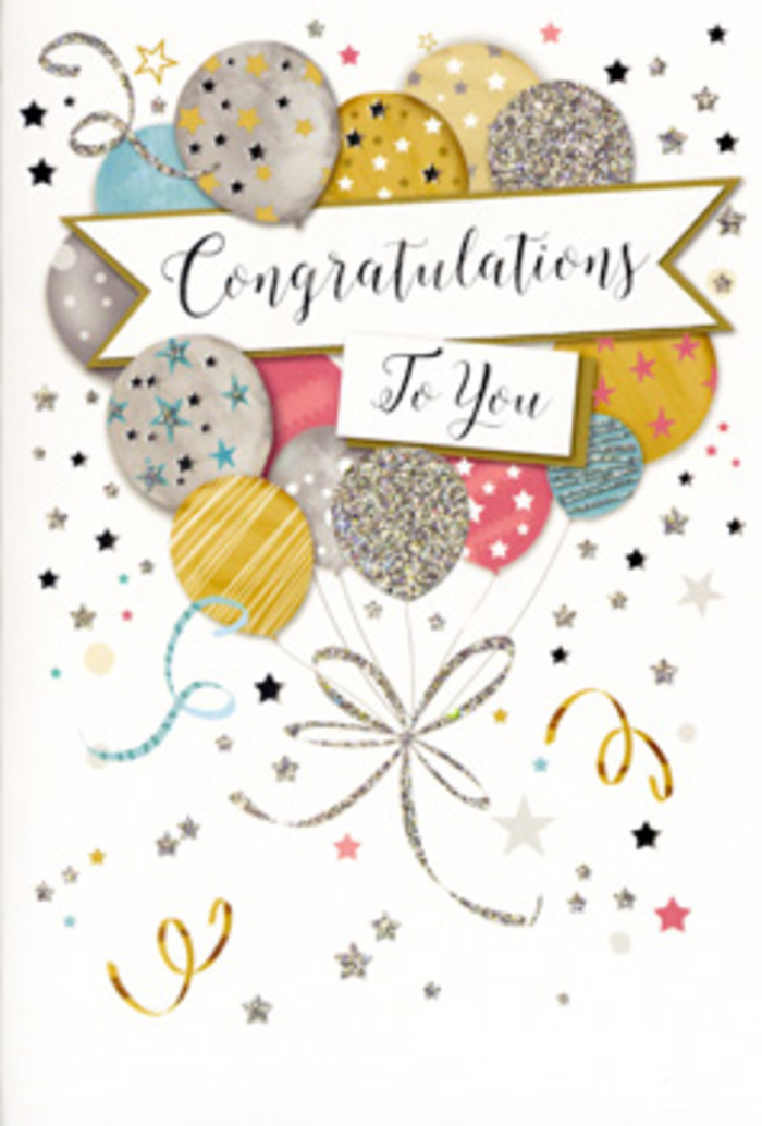 This image presents a refined yet joyful congratulations card, the kind of design that would look perfectly at home nestled among celebratory blooms ready for delivery across Old Ford. At the heart of the card is a bouquet of illustrated balloons, gathered in a loose cluster that fills much of the space. Their colours are softly metallic and pastel: warm gold, cool silver, champagne beige, powdery blue, gentle pink and soft grey. Each balloon has a slightly different decorative detail-some are sprinkled with tiny five-point stars, others rimmed with subtle arcs of glitter, and a few traced with slender stripes that accentuate their rounded shape, as if catching reflected light from an evening gathering on Old Ford Road. From the base of the cluster, fine ribbons in shimmering gold and silver trail downwards, twisting into elegant curls that weave over one another, echoing the playful loops of curling ribbon on a florist's workbench. The background is pale and luminous, scattered with small stars, confetti-like dots and curling streamers that appear to drift in different directions, giving the impression of movement and a breeze of celebration. Across the middle section, a flowing banner stretches across the width of the card, bearing the words Congratulations To You in sophisticated, handwritten-style script. The balance of pastel tones, metallic gleam and refined lettering creates an atmosphere of proud yet gentle festivity-perfect for marking graduations, job promotions, exam success or new beginnings. As you imagine holding the card, you can almost sense the quality of the cardstock, the soft roughness of fine glitter and the smooth glide of fingers over glossy ink, the same kind of tactile care that goes into arranging a bouquet with attention to every petal and leaf.