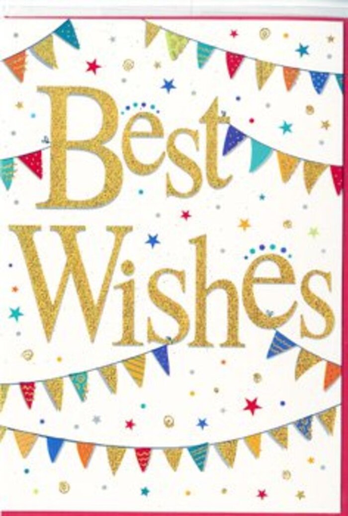 On this congratulations card, the spirit of celebration is rendered with refined simplicity, as if influenced by the vibrant yet relaxed energy around Old Ford. Dominating the centre is the phrase Best Wishes, drawn in sweeping gold script that curves with warmth and assurance. The letters look as though they have been laid down in liquid metal, gently drying into a raised, glimmering finish that plays with the light, similar to the way sunlight flickers across the surface of the River Lea Navigation. Against the crisp white background, the gold takes on a radiant presence without ever feeling overpowering. Above and below the words, strands of decorative bunting create soft arcs that stretch horizontally from one side of the card to the other. Each tiny triangular flag is distinct: some are painted in saturated blues and forest greens, others in vibrant oranges, reds, and soft lemon yellows, with occasional flags in gentle pastel tones that soften the overall palette. Fine patterns-slim stripes, small dots, and subtle mosaic-inspired markings-bring additional interest, suggesting the care and variety you might see in handmade decorations at a community event near Victoria Park. Floating in the open spaces around the bunting are small stars and dots, scattered with a light touch that feels almost musical. Some stars radiate in fine line bursts, others stand as simple, solid silhouettes, all contributing to a sense of confetti drifting lazily to the ground after an enthusiastic cheer. The composition is balanced, leaving enough white space to keep the design airy and modern, while still evoking warmth and festivity. It is exactly the kind of card Flowers Old Ford might pair with a congratulatory bouquet for a promotion, a new home, or any moment where heartfelt support and optimism deserve to be expressed with clarity and sparkle.