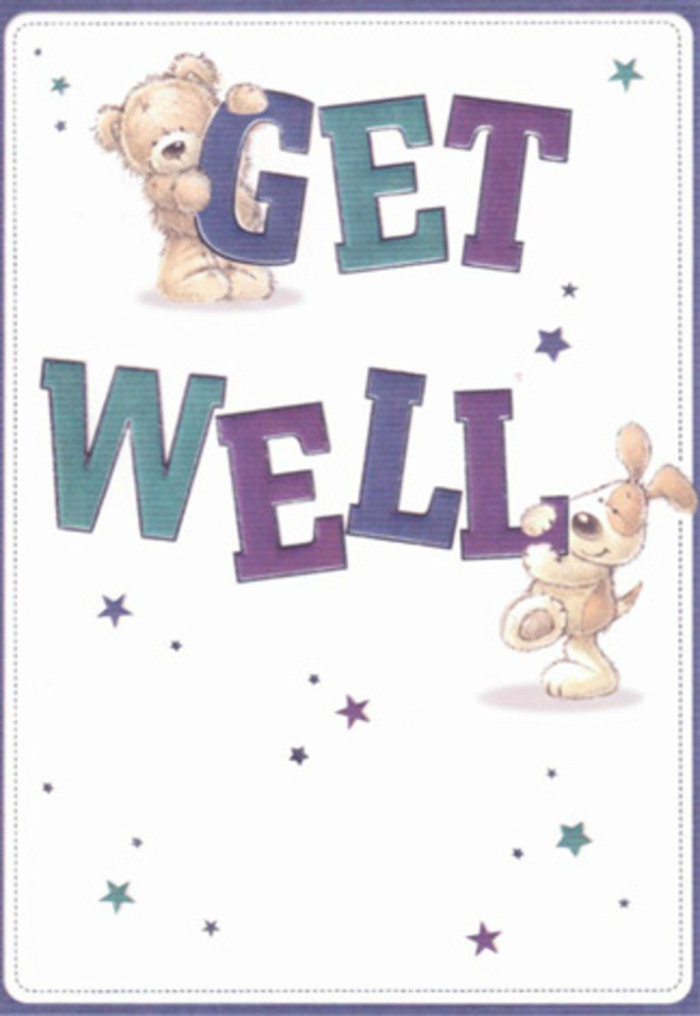 Describing this card is like narrating a brief pause of hopefulness amid Old Ford's daily hum. A bear and puppy-charmingly rendered in soft contours and expressive faces-collaborate in sending out a get well wish, their innocence and playful trust shining brightly. Scattered starbursts, in hues both cool and vivid, seem to carry best wishes out onto the nearby canal towpaths. The typography-a confident mix of purples and aquas-is big and lively, grounding the illustration in spirited reassurance. Textural detail abounds: the bear's plush fur and the puppy's velvety ears conjure a tactile sense of comfort, reminiscent of a fresh bouquet's gentle petals as they're arranged by a caring florist at Flowers Old Ford. The crisp white background conveys purity and healing, like the calm that settles in local green spaces just after rain. This card, thoughtfully designed, radiates empathy and encouragement-the perfect gesture when you want to extend comfort and cheer to someone recovering in Old Ford, whether they're on a quiet street or recovering at home.