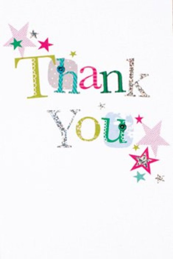 The design of this thank you card radiates a poised exuberance-stylish yet approachable, echoing the creative edge found throughout Old Ford's vibrant streets. Each letter is artfully shaped, some with gentle curvature or whimsical dots, others gleaming with a hint of silver, all united by a parade of cool blues, spirited pinks, and verdant greens. The arrangement is gently punctuated by clusters of stars in brilliant pinks and tranquil turquoise, with a dusting of bright silver reminiscent of the playful atmosphere at Victoria Park's community events. The alabaster white background offers a fresh, modern setting-spacious and uncluttered, allowing each detail and color change to breathe. It conveys an understated sophistication, fitting seamlessly with any bouquet delivered to a friend, neighbor, or colleague in Old Ford. This is the sort of card we love to include at Flowers Old Ford: universally warm yet distinctive, combining modern style with genuine feeling to amplify the sentiment of thanks at the heart of every floral gift.