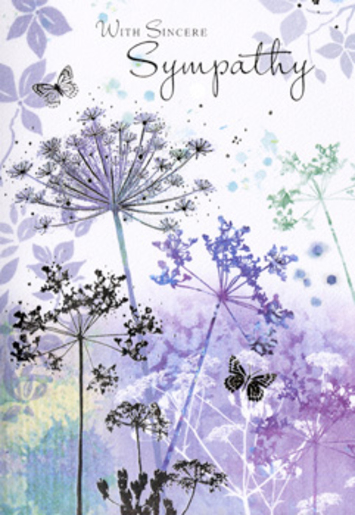 The artwork inside this sympathy card feels like a soft, contemplative pause, similar to standing by the water's edge near Old Ford and watching a light breeze ripple the canal. A series of slender, arching stems rises from the lower edge of the card, each stem crowned with a delicately sketched umbelliferous bloom. These flower heads are rendered as small constellations of dots and filigree branches, painted in translucent layers of lavender, muted indigo, and pale silvery green. The technique is light and fluid, allowing the colours to bleed gently into a background wash that shifts between cool violet and blue-grey, echoing distant trees seen through a light mist. Nothing is overly defined; instead, the edges soften into one another, giving the entire piece a dreamlike quality, as though you are looking at a meadow remembered rather than one directly in front of you. Between the stems, a few butterflies hover in stillness, their wings so faintly coloured and outlined that they feel like whispered symbols of transformation and continuing presence. The ambience is one of subdued calm, the light appearing even and slightly diffused, with no harsh shadows to disturb the serenity. A simple sympathy message sits above the floral scene in a poised, cursive font, offering words that match the tone of gentle restraint. From the viewpoint of Flowers Old Ford, where we often craft understated, nature-inspired tributes for services and homes across the area, this card reads like a visual equivalent to a soft-spoken condolence bouquet-considered, graceful, and intended to bring quiet comfort during a time of mourning.
