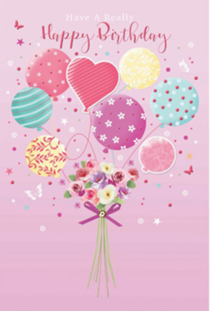 There is a sense of gentle jubilation woven through this birthday design, as if the air above Old Ford locks were filled with pastel balloons and flowers rather than clouds. A soft pink canvas forms the backdrop, warm and slightly luminous, framing the central arrangement of floating balloons. These balloons come in harmonised hues of pale sunshine yellow, rosy fuchsia, minty sea green, and lavender, each decorated with its own whimsical motif: some display twirling ribbon stripes, others wear clusters of dancing polka dots, and a few appear to bloom with stylised floral patterns. The way the light glides over their glossy surfaces gives them a convincingly three-dimensional presence, as though swaying gently in a living room near Victoria Park. Suspended beneath them is a hand-tied bouquet that looks freshly gathered, filled with petite roses and soft, daisy-like blossoms in tones that blend from cream to blush and deeper rose. The petals appear velvety and delicately shaded, like flowers just lifted from cool buckets in a local Old Ford flower shop. A purple satin bow ties the stems together neatly, its gentle shimmer adding a refined finishing note. Whimsical butterflies and scattering star shapes hover nearby, enhancing the daydream quality of the scene, as if the bouquet and balloons were caught in a moment of stillness between laughter and candlelight. The composition feels like a visual whisper of happiness, ideal for marking a birthday with tenderness and a touch of artistic flair in the Old Ford neighbourhood.
