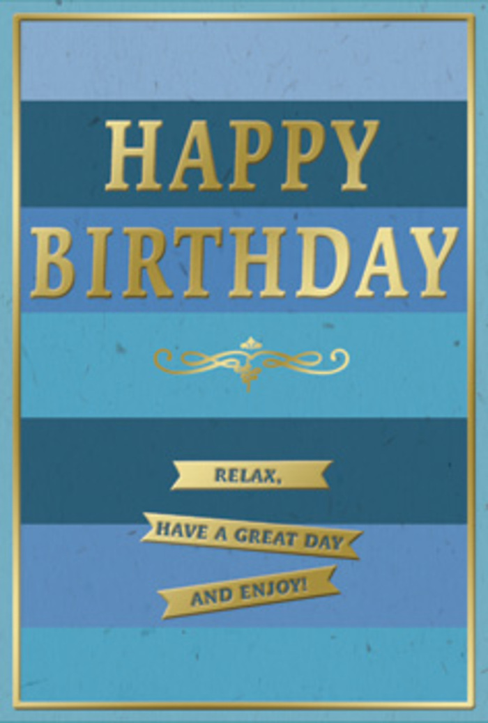 The birthday card in this photograph is a beautifully balanced play of cool blues and warm metallic golds, creating a feeling of relaxed celebration that would suit a quiet gathering in Old Ford. The card's surface is divided horizontally into broad stripes, each stretching from left to right in a smooth, uninterrupted band of colour. The palette moves in a gentle gradient, beginning with darker navy tones near the bottom and slowly transitioning upwards through mid-blue and teal to soft, airy blue at the top, much like the sky brightening over the nearby canals as morning progresses. Centered amidst this ocean of blues, the words HAPPY BIRTHDAY stand out in bold, embossed gold. The lettering has a refined yet generous style, each character slightly raised from the card so that when light hits, tiny highlights and shadows form along the edges, giving the greeting depth and presence. Just beneath the main words is a delicate golden flourish, an elegant curving motif that could easily be imagined as a swirl of ink from an old-fashioned fountain pen. Below this flourish, three slim golden banners sit in a neat column, each one holding a portion of the gentle, conversational message: Relax, have a great day and enjoy! These banners catch the light with a soft gleam, contrasting pleasantly with the more muted finish of the blue background. At the very edge of the card, a fine gold line runs all the way around, framing the entire design and lending a sense of completion, like a well-chosen frame around a favourite print in an Old Ford living room. Though there are no flowers pictured, the mood of the card feels perfectly suited to be placed beside a fresh arrangement from Flowers Old Ford, ready to greet someone as they return home along Old Ford Road on their special day.
