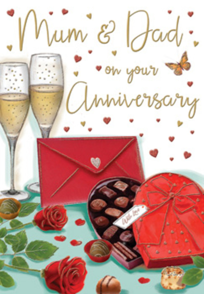 This illustrated anniversary card presents a romantic still life that could easily belong to a family home in Old Ford, lovingly arranged in honour of Mum & Dad. At the back of the composition, two champagne glasses stand side by side, their refined silhouettes outlined against a softly glowing background. The bowls are filled with a light golden champagne, effervescent with tiny bubbles that glimmer as they rise, evoking the sound of a gentle clink as glasses meet for a toast. In the foreground, a deep red, heart-shaped chocolate box draws the eye. Its surface is smooth and richly coloured, topped with an opulent crimson bow whose satin ribbons curl and twist in soft, rounded shapes. The lid is opened just enough to reveal a neat grid of round chocolates within, each with a glossy sheen that promises rich, shared sweetness. A few pieces lie scattered nearby, as if someone has already begun to savour the moment.   

Set near the chocolates are two full red roses, each bloom dense with velvet-like petals curving inward and outward in natural spirals. They are rendered in a rich, ruby tone reminiscent of freshly cut stems arranged by Flowers Old Ford for a special anniversary delivery. Deep green leaves fan out beneath them, their smooth surfaces catching hints of light. To one side, a scarlet envelope lies flat, sealed and waiting, a quiet symbol of a handwritten message that might mention strolls near Victoria Park or family gatherings close to the River Lea. Around the entire composition, tiny gold and crimson hearts float and swirl, framing soft hand-lettered anniversary wishes. The warmth of the colours, the glow on the glass, and the richness of the blooms combine to convey a sense of gratitude, celebration, and enduring family love.