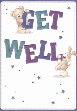 This cheerful get well card radiates the warmth of Old Ford's close community, much like a thoughtfully arranged bouquet from a local florist near Victoria Park. The art invites comforting optimism: a soft teddy bear balances atop bold 'GET' lettering, while a lively puppy cuddles up against the 'WELL', their features painted with affection and expressive hope. Deep purples and teals stretch confidently across a bright white background, echoing the vibrant palette of flower stalls along Roman Road Market. Star motifs in shades of blue and purple sparkle across the card, suggesting the magical support that neighbours in Old Ford offer each other during tough times. The illustrated textures-the gentle fluff of the bear's fur and the puppy's velvety ears-feel genuinely inviting, so vivid they're almost tangible. The care evident in every detail mirrors the artistry Flowers Old Ford brings to each hand-tied arrangement, prepared with the community's well-being in mind. Uplifting, genuine, and textured with kindness, this card is an emotional balm for anyone convalescing around Old Ford.