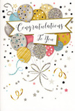 In this scene, a congratulations card is beautifully illustrated to capture the feeling of a joyful milestone, much like the celebrations Old Ford locals mark with flowers and thoughtful notes. A generous spray of balloons rises from the lower part of the card, layered one in front of another in a pleasing mix of metallic gold, soft silver, champagne, sky blue, blush pink and dove grey. Each balloon is perfectly rounded and distinct in its detailing: some are studded with tiny star motifs that glimmer, others circled by delicate glitter bands, and several wrapped in subtle stripes that give an impression of curved, reflective surfaces. From where the strings meet, slender ribbons in shimmering gold and silver trail downward in loose curls, overlapping gently like the ends of wrapping ribbon on a freshly prepared gift. The background is a pale, creamy shade, lightly scattered with miniature stars and curling streamers that sweep across the design, evoking the sense of confetti still hanging in the air after a toast at a celebration near the Regent's Canal. Cutting gracefully through the centre of the card is a lightly curved banner, unfurling from left to right and carrying the words Congratulations To You in elegant, flowing script that feels personal and heartfelt. The overall impression is uplifting and sophisticated, with just the right touch of sparkle and festivity to suit graduations, promotions, exam results or any special achievement. You can almost imagine the texture of the design under your fingertips-areas of fine glitter, smooth glossy lettering and sturdy card-mirroring the layered, carefully considered beauty of a professionally arranged floral gift from a trusted Old Ford florist.
