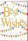 This congratulations card looks like a little piece of Old Ford celebration set against a clear, bright sky. At its centre, the words Best Wishes are written in generous gold script, each letter flowing smoothly into the next with an easy grace. The metallic finish catches and reflects the light with a gentle sheen, not harsh or brassy, but soft and inviting, like the glint of sunset over nearby Victoria Park. The white background provides a calm, open canvas, giving the golden message room to stand out and be read at a glance. Framing the text, strands of bunting swoop in gentle arcs across the upper and lower portions of the card. The flags are small and evenly spaced, each one a neat triangle of colour: bright azure, ruby red, lime green, golden yellow, and rose pink. Some pennants carry slender stripes, others tiny polka dots, and a few are decorated with more intricate patterns, offering a sense of playful variety while keeping the design cohesive. These arcs of bunting feel as though they could be strung between lampposts along Old Ford Road during a festive evening, gently stirring in the breeze. Scattered between the bunting and the central words are little stars and round confetti-like dots, arranged irregularly so they appear to have just fluttered down through the air. They repeat the colours of the flags, tying the whole composition together while ensuring the golden script remains the focal point. The overall effect is one of light-hearted cheer and hopeful encouragement, ideal for accompanying flowers given to celebrate exam results, a new beginning in nearby Hackney Wick, or any special occasion where you want your good wishes to feel bright, sincere, and joyfully shared.