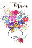 This Mother's Day card features a joyful, watercolour-inspired bouquet that appears to have just been gathered from the vibrant surroundings of Old Ford, Roman Road, and nearby Victoria Park. At the centre of the illustration, generous blooms in rich purples, playful pinks, and glowing reds are outlined with confident strokes of deep indigo, hinting at roses and mixed seasonal flowers clustered together in a lively arrangement. Cooler tones of blue and soft lavender weave between the brighter colours, creating soothing pockets of calm, much like the quiet stretches of canal that wind through this part of East London. Fine touches of gold flicker across petals and leaves, tracing veins and edges with a subtle shimmer that recalls sunlight on freshly opened flowers in a morning garden. The bouquet is gathered in a softly contoured vase, tied with an elegant golden bow that suggests the gentle rustle of ribbon and paper you'd hear when receiving a hand-delivered bunch at your Old Ford doorstep. Around the main image, flecks and splashes of colour scatter across the clean white background, conjuring the feel of petals thrown in celebration or paint caught mid-swing by an enthusiastic artist. The composition is airy yet purposeful, capturing both the spontaneity and attentive care that go into arranging a meaningful gift. It conveys warmth, gratitude, and the happiness of shared moments, turning the card into a lasting, visual bouquet that honours the special connection between mother and child on Mother's Day.