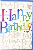 This birthday card design feels like a compact party ready to be carried through the streets of Old Ford, all colour and warmth contained on a single panel. At the heart of the card, the words Happy Birthday stretch triumphantly from side to side in large, rounded lettering that commands attention without feeling heavy. Each letter is filled with a rich, blended spectrum of colour, starting with deep red tones that soften into raspberry pink, moving through juicy orange and mellow yellow, and then sliding into bright grass green, clear sea-blue and a final whisper of violet. The colours fuse gently, with no abrupt breaks, as though brushed on in careful, sweeping strokes, echoing the soft reflections of party decorations in the Regent's Canal nearby. A fine, almost imperceptible shadow behind the text gives the wording a quiet lift, separating it from the layers beneath. Those lower layers form a refined and rhythmic backdrop: against a soft ivory base, the phrase Happy Birthday to you repeats in flowing golden cursive, each line aligned neatly, like lovingly handwritten wishes in a keepsake book. The metallic script shimmers subtly, catching light with a warm glow rather than a harsh sparkle, much like late-afternoon sunshine sliding across the brick arches around Old Ford. Light confetti-like dots and flecks are scattered across the card's surface, enhancing the sense of celebration while leaving plenty of breathing space. The finished effect is joyful yet sophisticated, ideal for pairing with a hand-tied bouquet for birthday delivery around Old Ford, Bow, or Fish Island when you want every element of your greeting to feel vibrant, thoughtful, and full of good cheer.
