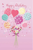 A whimsical birthday celebration unfolds across this image, reminiscent of a joyful gathering in a cosy Old Ford flat with views towards the canal. The background is a soft, powdery pink that immediately sets a tender, uplifting mood. At the centre, pastel balloons float upward with gentle energy, their ribbon tails converging where they meet a bouquet of flowers below. Each balloon displays a unique personality: some are wrapped in candy-coloured stripes of rose, ivory, and teal; others are sprinkled with playful polka dots in lemon and sea green; and a central heart-shaped balloon glows with layers of pink and soft cream, radiating affection. The balloons' surfaces gleam with subtle highlights, giving them a realistic, buoyant feel. Nestled at the base, a hand-tied bouquet of delicate roses and anemone-like blooms gathers in a cluster of creamy ivory, blush pink, and muted mauve. The petals look feather-soft and slightly curled, arranged with the same care a florist might show when preparing a special birthday delivery from Flowers Old Ford. A violet satin bow secures the stems, its smooth, lustrous ribbon providing a graceful finishing flourish. Around the composition, tiny stars and butterfly shapes seem to drift and sparkle, enhancing the sense of fairy-tale wonder. The overall impression is one of airy sweetness and heartfelt celebration, perfectly suited to a birthday wish travelling across Old Ford, Bow, and nearby streets, bringing colour, warmth, and delight to someone's special day.