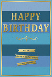 This birthday card offers a quietly joyful design in layered blues and gleaming gold, the kind of refined greeting you might tuck alongside a bouquet delivered to a doorstep in Old Ford. The background is composed of wide, horizontal blue stripes, stacked one above the other in a gentle gradient. At the lower edge, the blue is deep and strong, close to navy; as the stripes rise, the colour gradually softens through mid-blue and teal, finally settling into a pale, uplifting sky blue near the top. The effect is calming and expansive, reminiscent of the gradual lightening of the sky above the nearby River Lea on a still day. Anchored at the centre of this striped field, the message HAPPY BIRTHDAY is embossed in large gold letters. The metal-like surface of the text glows softly, catching points of light that emphasise the raised, tactile nature of the lettering. Just beneath, a decorative golden flourish curves gracefully, adding a touch of old-world charm to the contemporary bands of colour. Further down, three slender golden banners are aligned vertically, each carrying part of the warm sentiment: Relax, have a great day and enjoy! The banners have a smooth, polished sheen, clearly distinct from the matte-feeling blue stripes behind them. A slim gold border encircles the card, framing all of these elements with a sense of order and completeness, rather like the gentle boundaries of the nearby park paths guiding you through green space. Overall, the card radiates a mood of composed happiness-perfect for marking a birthday with something that feels thoughtful, serene, and subtly celebratory in homes and studios throughout Old Ford.