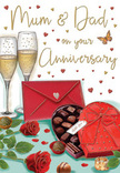 The imagery on this anniversary card feels like an intimate celebration set for Mum & Dad in an Old Ford kitchen or dining room, full of warmth and quiet joy. At the top of the scene, two tall champagne flutes stand close together, their clear glass catching a gentle, golden light. They are filled with sparkling champagne, the bubbles rising in delicate trails that seem almost to move, suggesting the anticipation of a toast shared between long-time partners. Below them, a heart-shaped box of chocolates in deep red commands attention. A generous crimson bow wraps around the box, its satin folds and loops painted so carefully that you can almost feel their softness. The lid is propped slightly open to reveal a selection of smooth, round chocolates neatly arranged within, with a few scattered on the table surface to imply relaxed, unhurried indulgence.   

Resting nearby are two vivid red roses, their velvety petals layered and gently curling at the edges, reminiscent of a fresh bouquet picked up from an Old Ford florist on the way home along Roman Road. Their lush green leaves add a sense of life and balance to the rich reds and golds. A striking scarlet envelope lies to one side, sealed and suggestive of tender words handwritten in a quiet moment, perhaps reflecting on years spent together in the surrounding East London streets. Across the background float tiny hearts in shades of gold and crimson, along with soft brushstrokes of warm colour that frame the central elements like a halo of affection. The overall effect is of a softly lit, romantic tableau, filled with imagined scents of roses and chocolate, and the gentle sound of glasses meeting in celebration of a long, loving marriage.